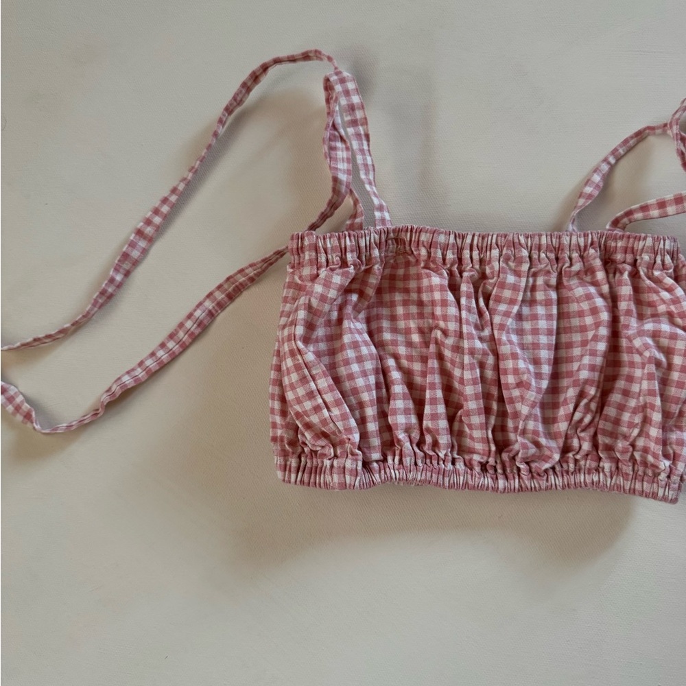 Pink Gingham Tie Strap Ruched Top - Picture 2 of 6